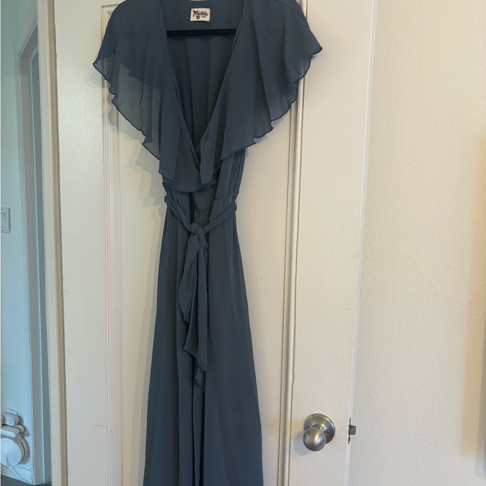 Show Me Your Mumu Jess Ruffle Midi Dress in Large Slate Blue
